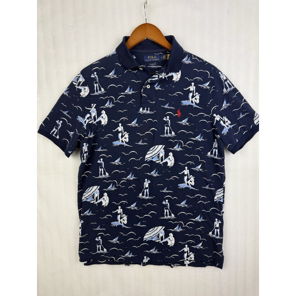 Polo Ralph Lauren Men's Classic Fit Swimmer Beach Print Nautical Polo Navy Sz. M